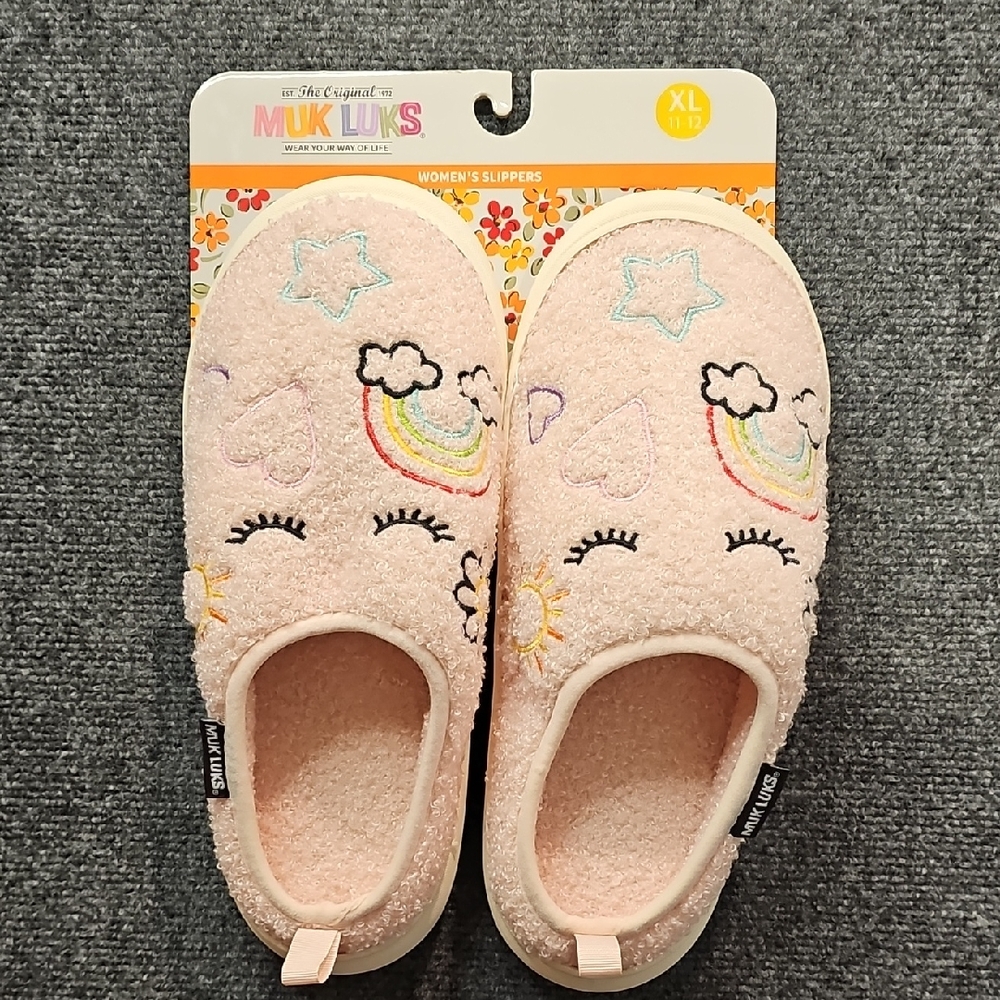 Muk Luks Pink Kids One Piece Slippers with Rainbow and Cloud Design